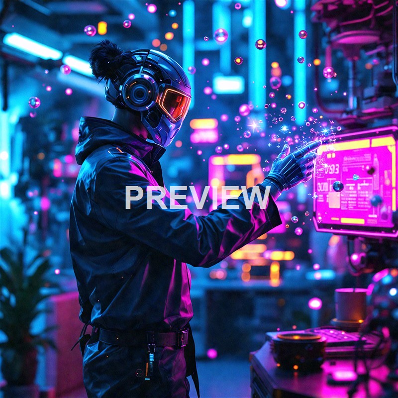 A person wearing a futuristic helmet and dark clothing interacts with a holographic display in a vibrant, neon-lit urban environment filled with colorful lights and floating spheres.